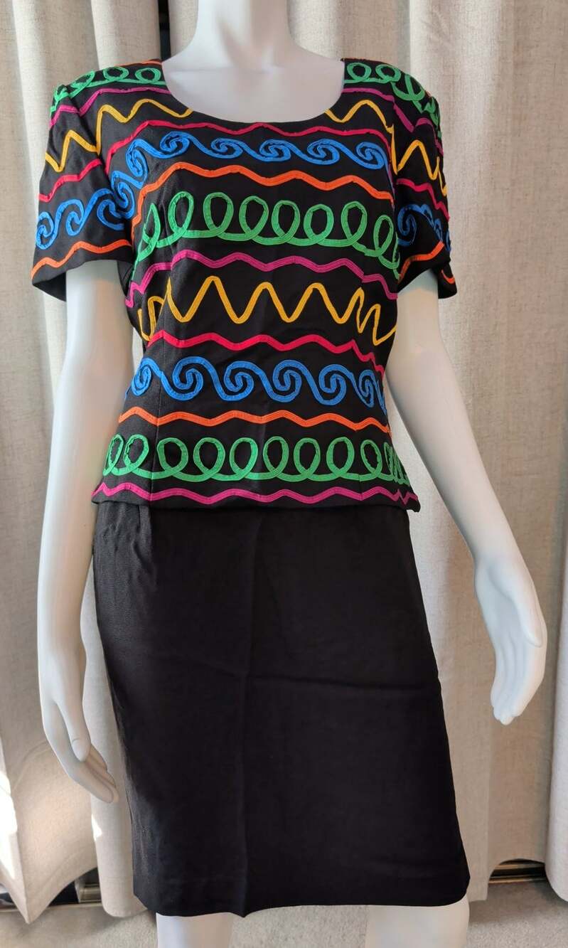 Vtg Maggy London Kenneth Nolan Black Embroidered Art to Wear Dress Skirt Set Lrg
